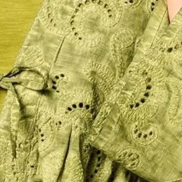 LOGO by Lori Goldstein Women's Top Plus Sz 2X Eyelet Lace Tie Green A640419 - Picture 2 of 7